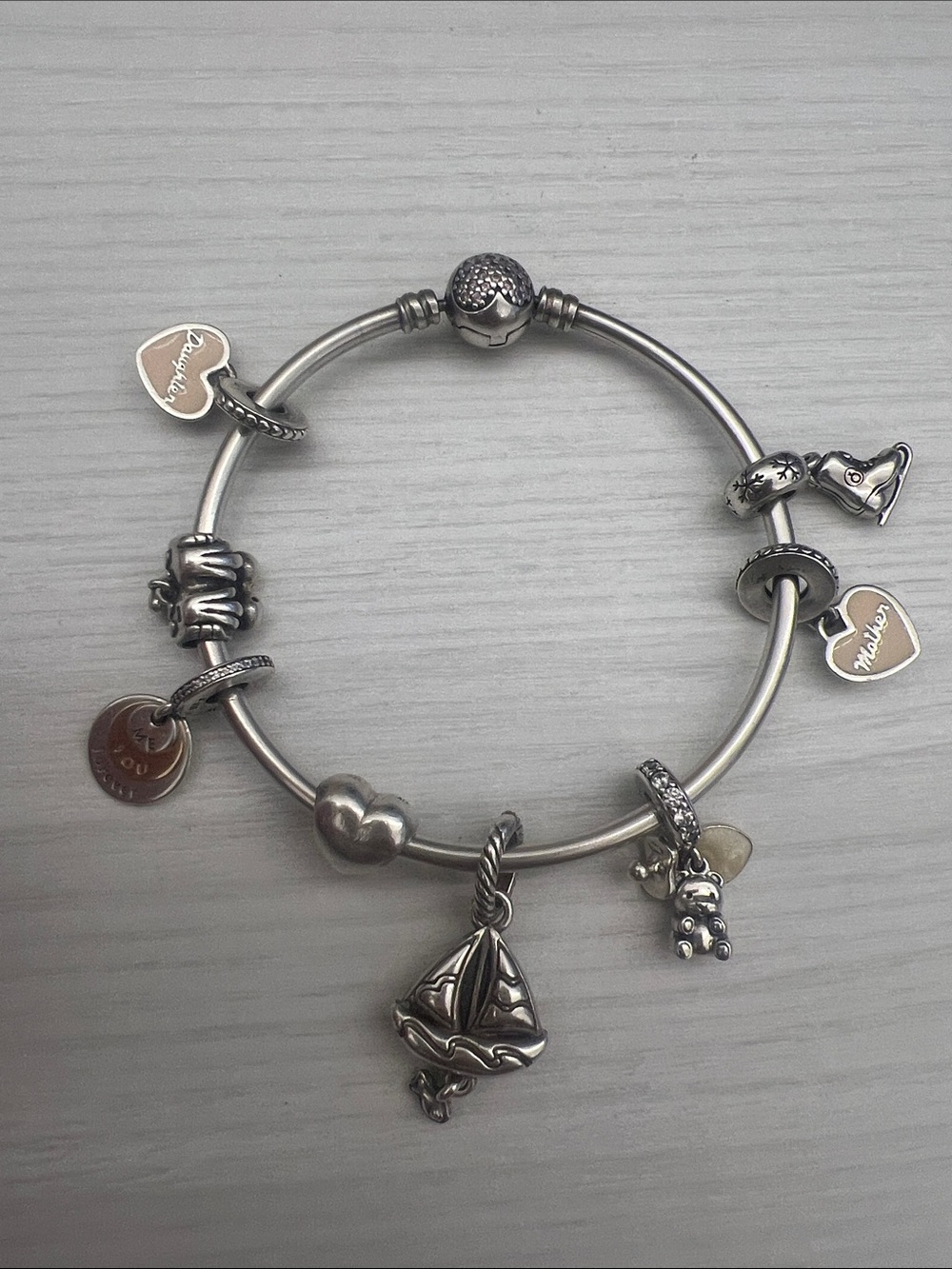 Pandora Silver Logo Clasp Charm Bracelet with 8 Pandora Charms 925